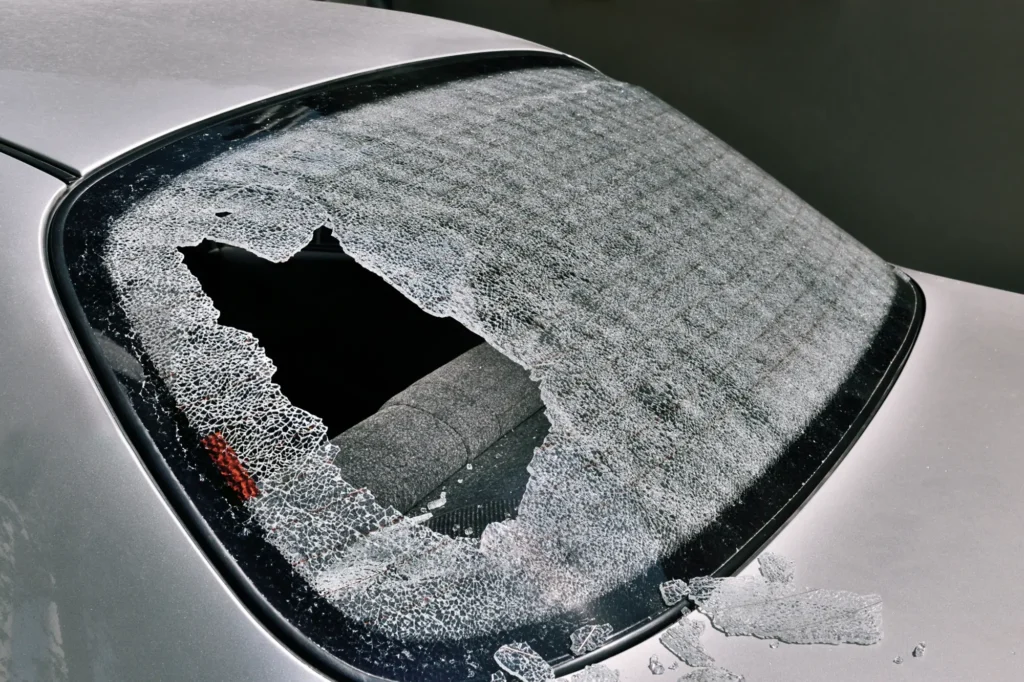 A car in need of rear window replacement.